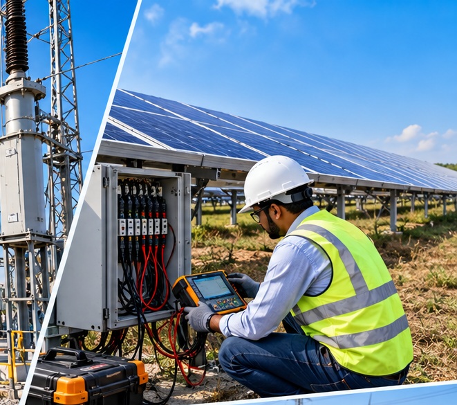 Engineer testing electrical equipment at a solar plant